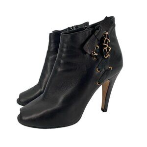 Chloe Black Leather Peeptoe Ankle Booties 36.5 Lace Up Chain Bow